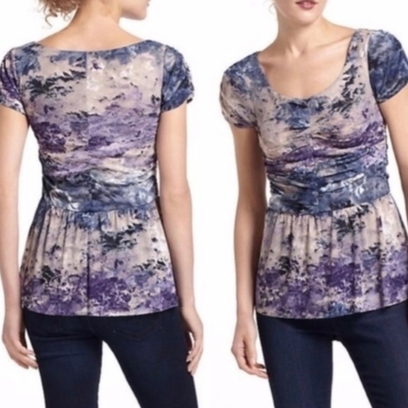 ANTHROPOLOGIE POSTMARK Women’s GATHERED MESH Peplum Top Purple Blue Watercolor S - Picture 1 of 7